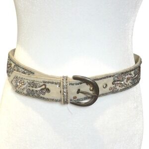 Vintage Fossil Beaded Canvas Belt Woodland Fairy Boho Festival Embellished 41"